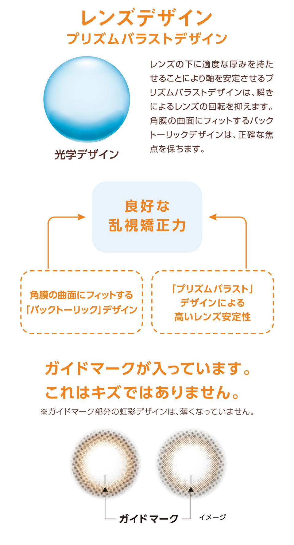 ベルミートーリック(乱視用カラコン)ガイドマークと乱視デザイン解説