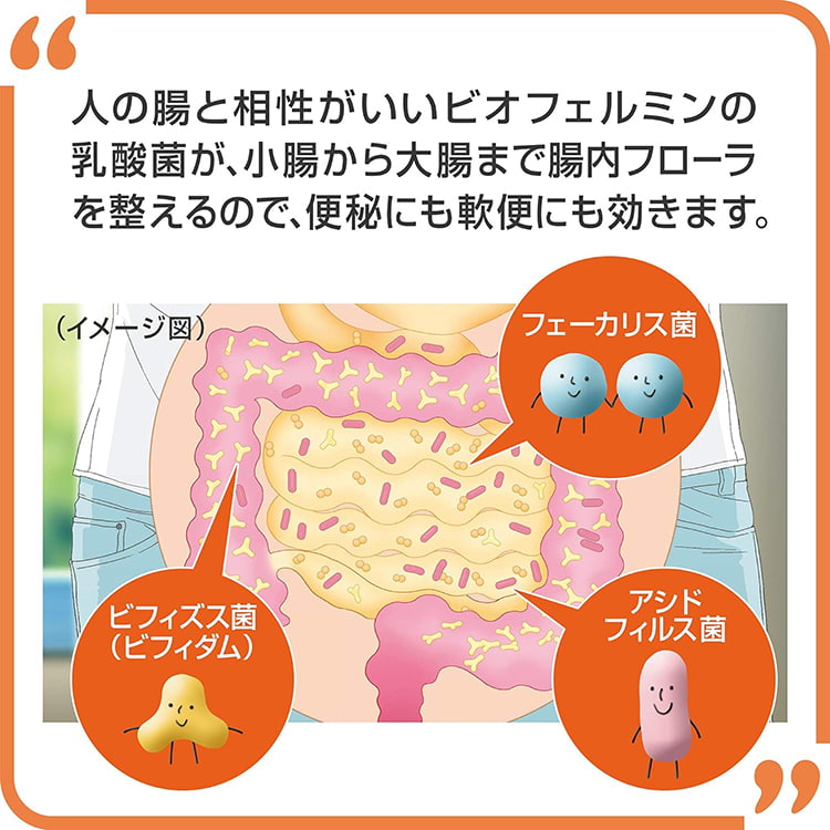  新ビオフェルミンSは人の腸と相性がいいビオフェルミンの乳酸菌が、小腸から大腸まで腸内フローラを整えるので、便秘にも軟便にも効きます。