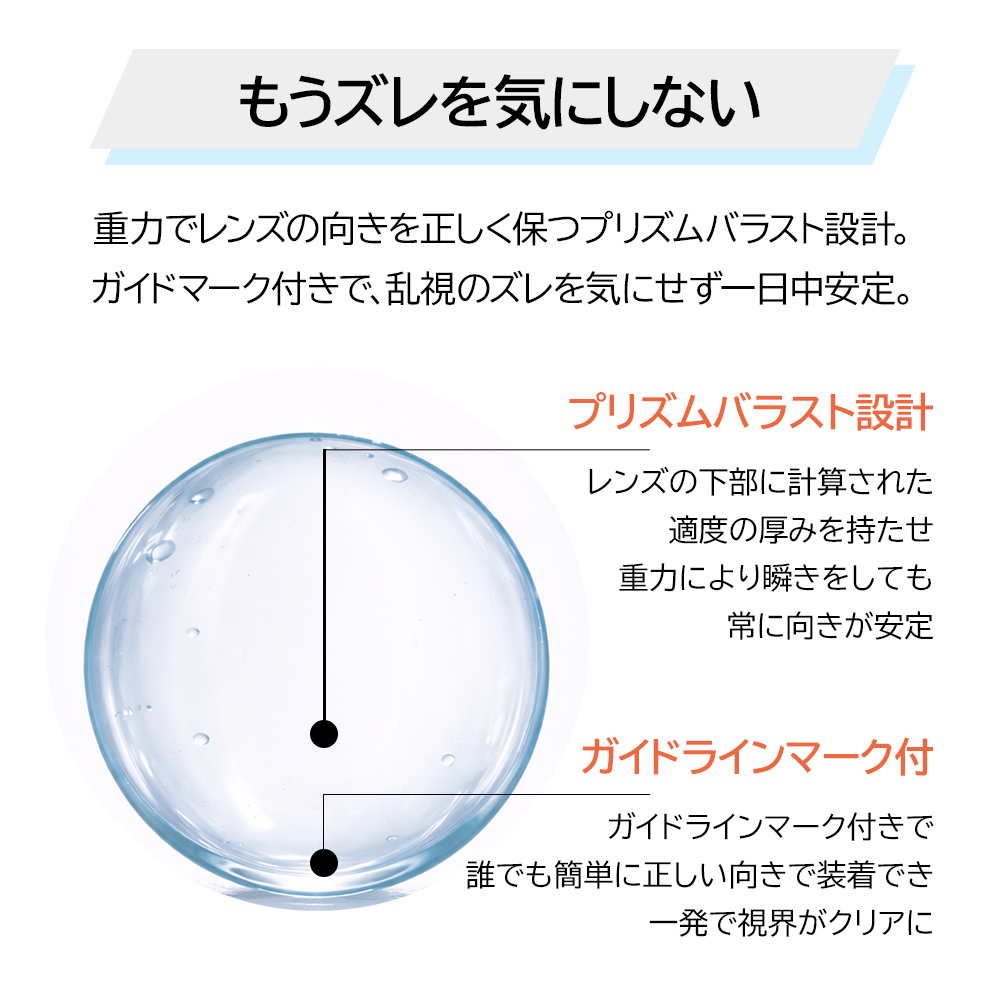 ピュアアイズワンデートーリックはプリズムバラストデザインとガイドライン付きでずれない、装着しやすい