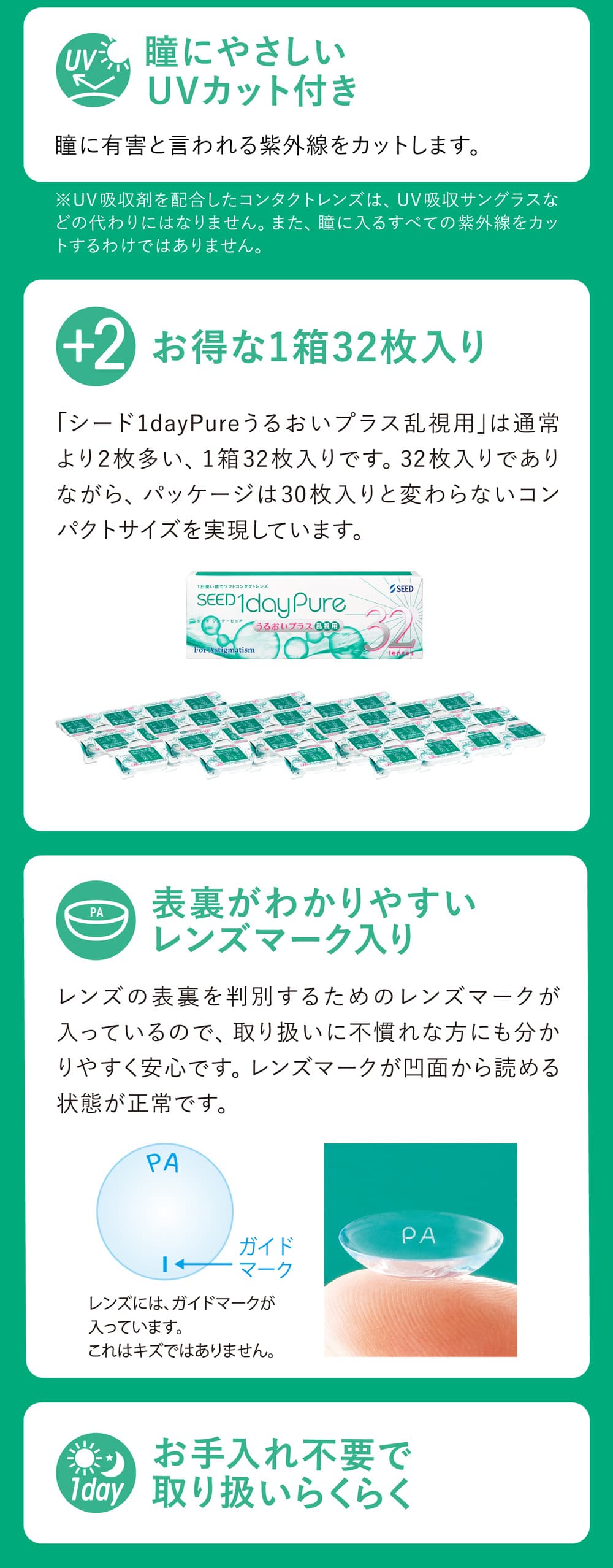 シード ワンデーピュアうるおいプラス 乱視用（1dayPureうるおいプラス）製品スペック